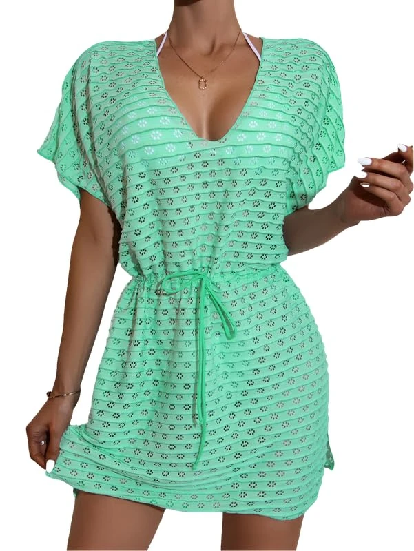 Women's Swim Cover-Up Dress – Sheer Crochet Mesh Beach Cover Up with Waist Tie, V-Neck Bikini, Mint, Large