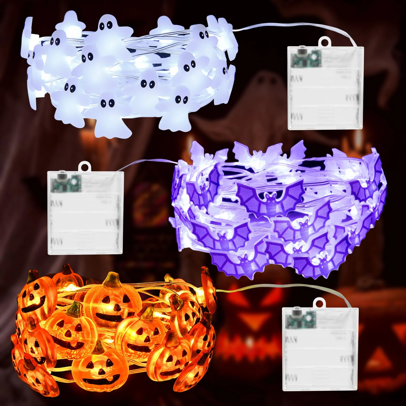 Etopgo Halloween Decorations Lights,3 Style String Lights with 30 LED Ghost Pumpkin and Bat Indoor Battery Operated Fairy Light for Halloween Decoration