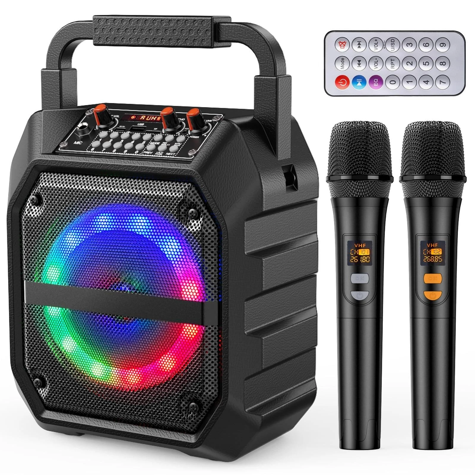 PKBD Karaoke Machine with Two Wireless Microphones,Portable Bluetooth Speaker with LED Lights, PA System, Supports TF Card/USB for Adults & Kids, for Girls Boys Families Home Party (Dark Black)