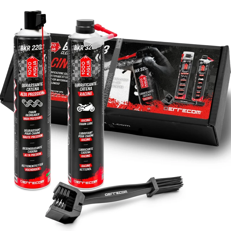 ERRECOM 1000 Miglia Clean&Lube RACING Motorcycle Chain Kit; includes High-Pressure Chain Degreaser Spray 750ml+Racing Motorcycle Chain Lubricant 750ml+Huggie System and 90°Connector+Brush+Gloves
