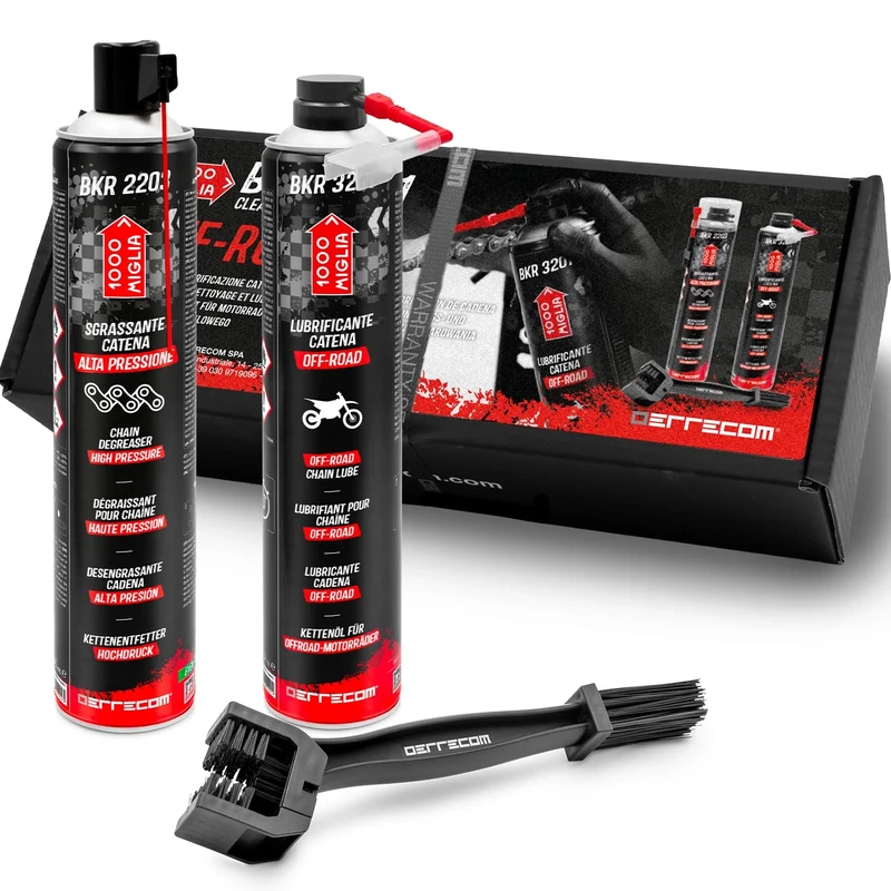 ERRECOM 1000 Miglia Clean&Lube OFF-ROAD Motorcycle Chain Kit; includes High-Pressure Chain Degreaser Spray 750ml+Off-Road Motorcycle Chain Lubricant 750ml+Huggie System and 90°Connector+Brush+Gloves
