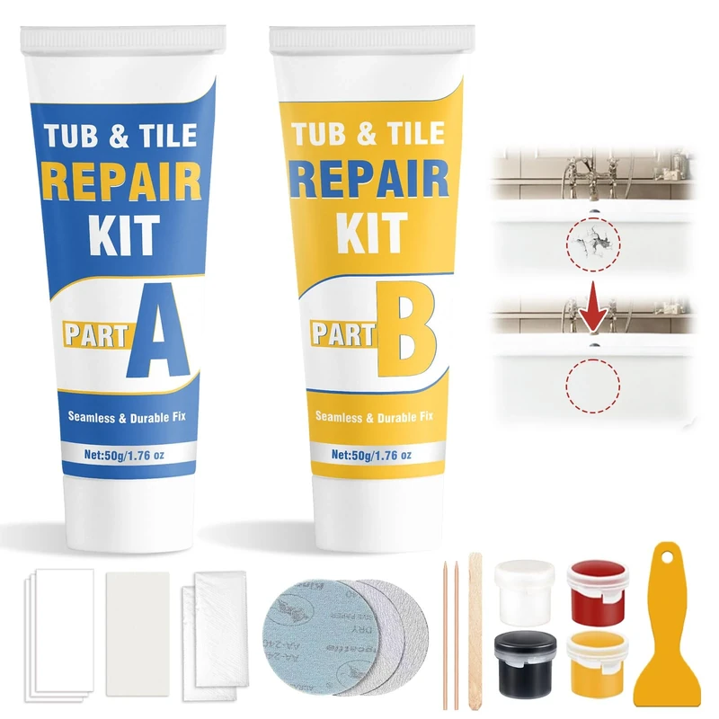 Bath Enamel Repair Kits, Waterproof Bath Repair Kit, Leak-Proof Tub Tile Bath Enamel Porcelain Repair Kit for Refinishing Ceramic Scratches, Holes, Cracks (2 pack)