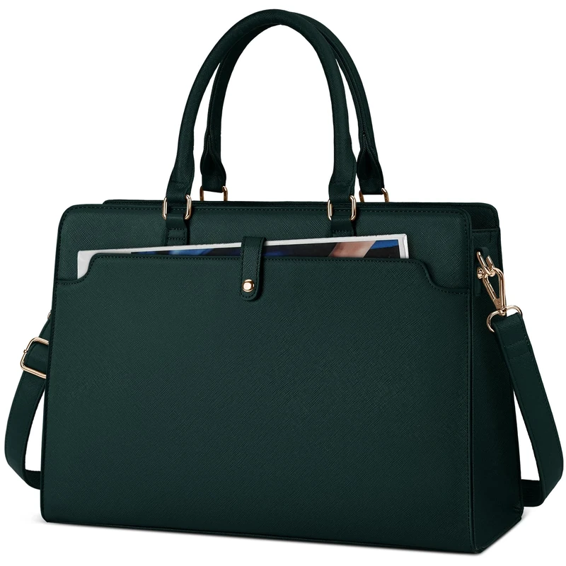 RAINSMORE Laptop Bags for Women 15.6 Inch Ladies Work Bag Laptop Tote Bag PU Leather Large Laptop Handbag for Women Water Resistant Computer Bag for Business Office School Travel Dark Green