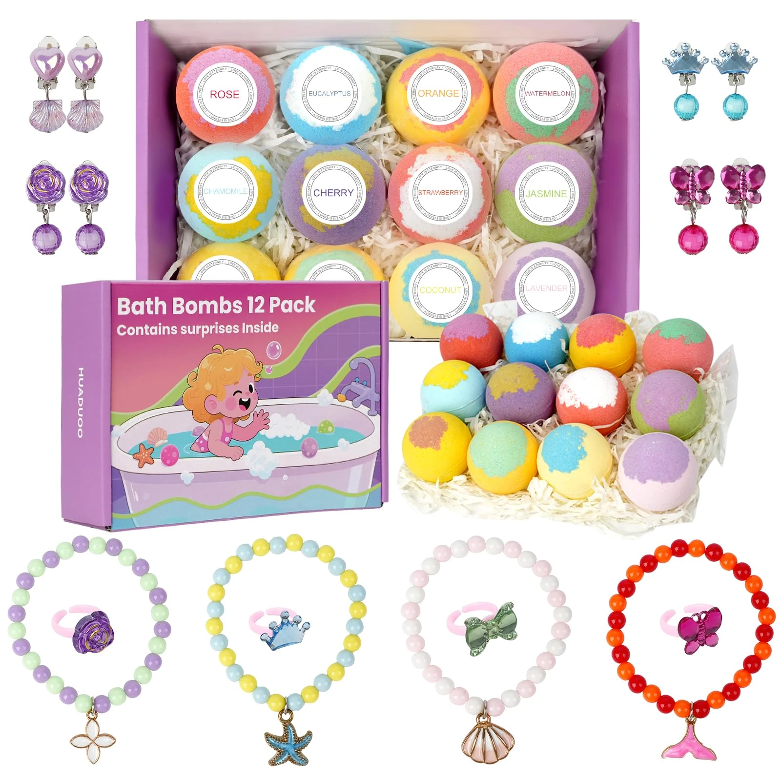 12 Pack Bath Bombs for Kids Girls with Surprise Toys Inside, Fun Kids Safe, Handmade Natural Bubble Spa Bath Ball with Jewelry Toys, Bath Bomb Gifts for Birthday Christmas Holiday for Girls Ages 3-12