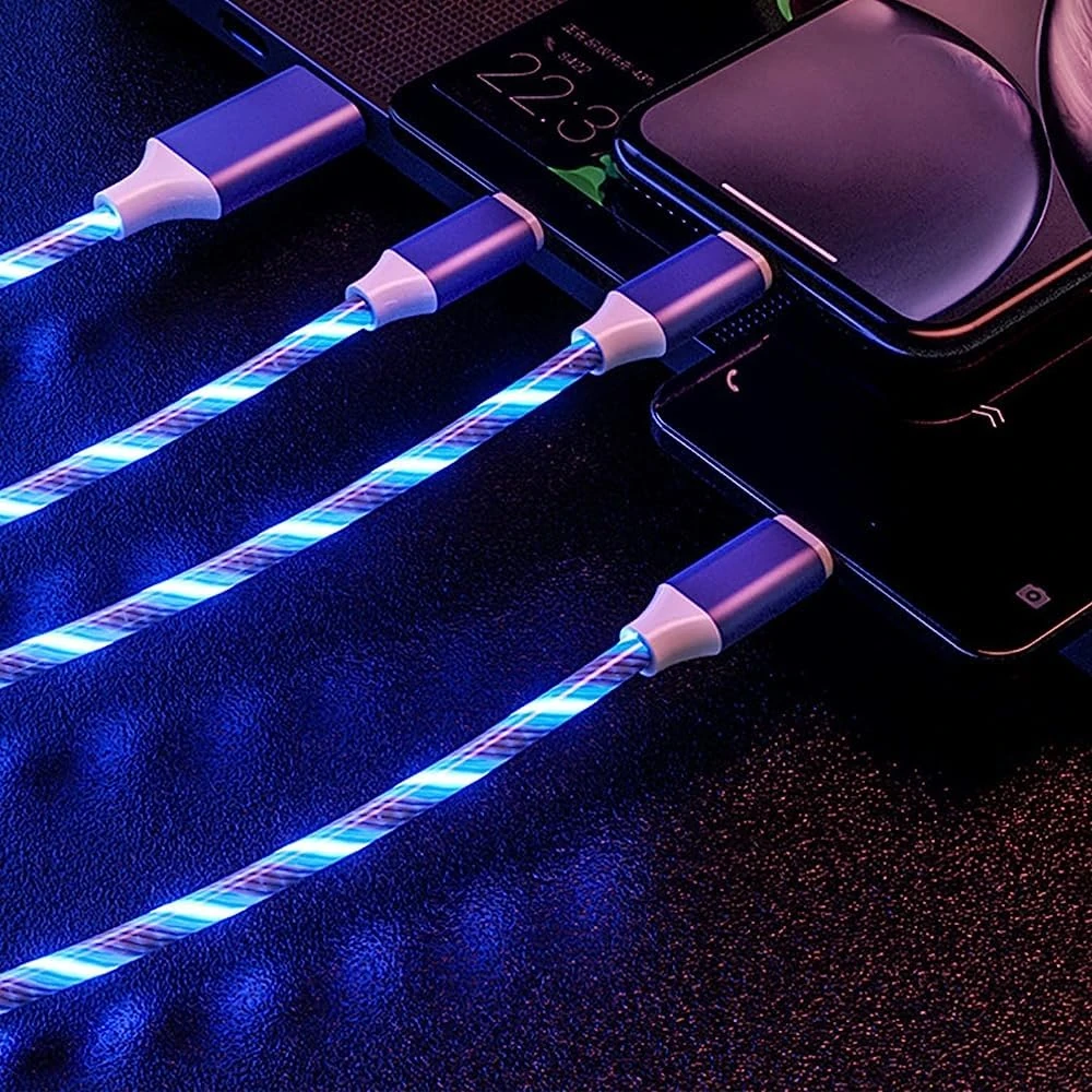 Aiivioll 3-in-1 Flowing LED Charging Cable - Fast USB Charger Cord for iPhone, Samsung, Android Phones, Tablets - Compatible with Micro USB/Type-C/Lightning ((Blue， 1.2m)