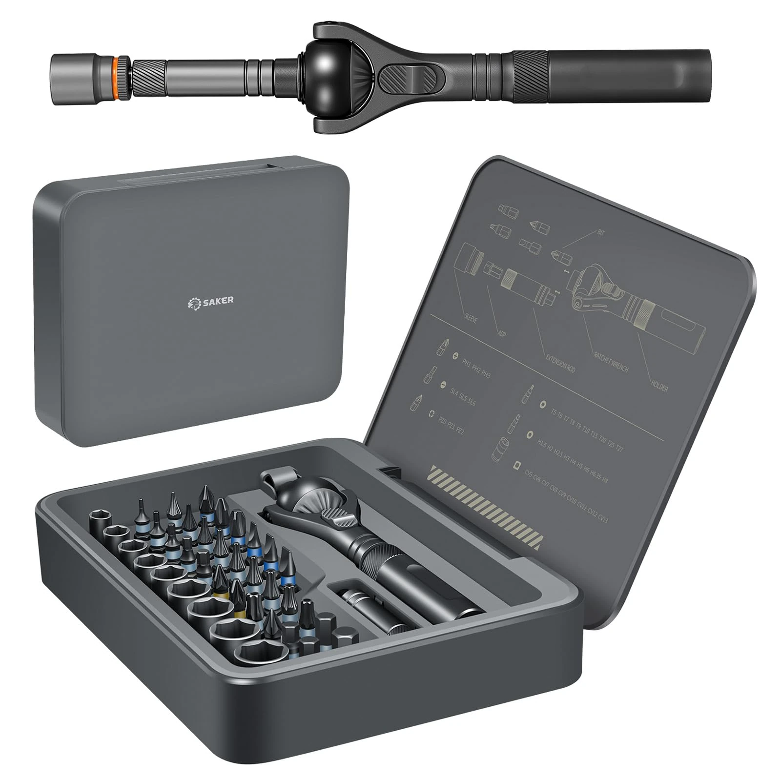 Saker Upgraded Magnetic Screwdriver Set: 40-in-1 Ratchet Screwdriver Tool Kit with 180° Ball-Joint Handle - Portable S2 Bits Precision Repair Tool Set for Computer Phone Watch Camera Bike