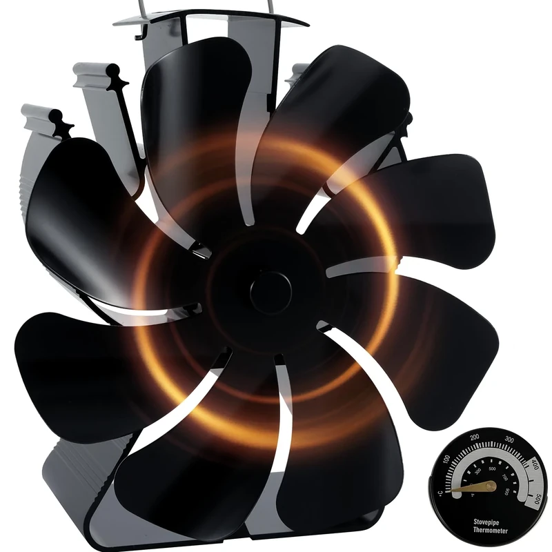 HAWCAFU 8 Blades Log Burner Stove Fan with Thermometer Heat Powered Wood Burner Fireplace Fan Triangle Base Fire Fans for Fireplace/Log Burner/Wood Burning Stove