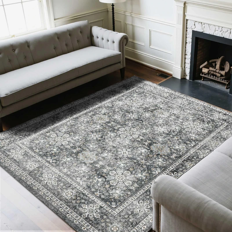 VEVOR Area Rug, 8 x 10 ft Large Washable Rug, Non-Slip and Tear-Resistant Soft Carpet, Pet & Child Friendly Vintage Area Rugs, Indoor Mat for Bedroom, Living Room, Kids Room, Entryway, Office, Gray