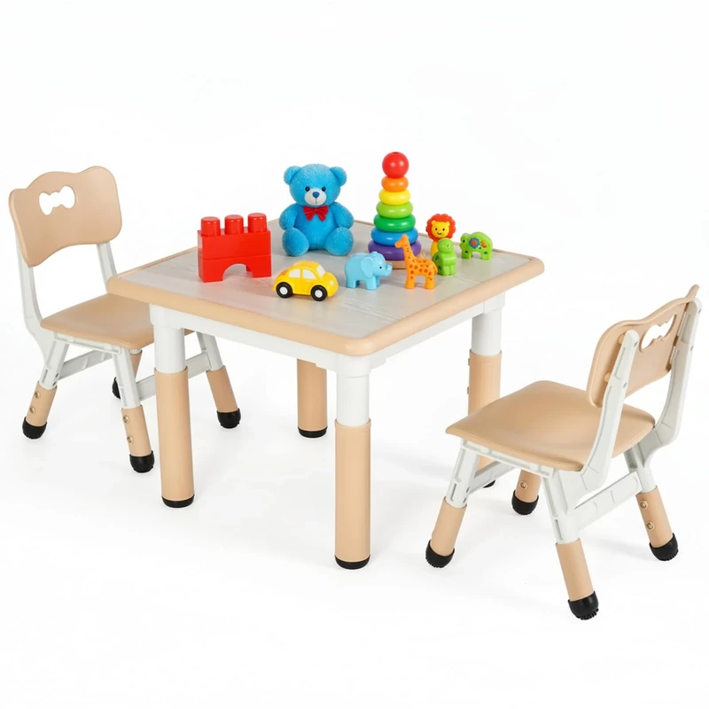 Clevich Kids Table with 2 Chairs, Children's Seating Height Adjustable, Painting Table Chair Set, Children's Furniture for Playroom, Nursery and Study Room, Square Table for Boys & Girls from 3 years
