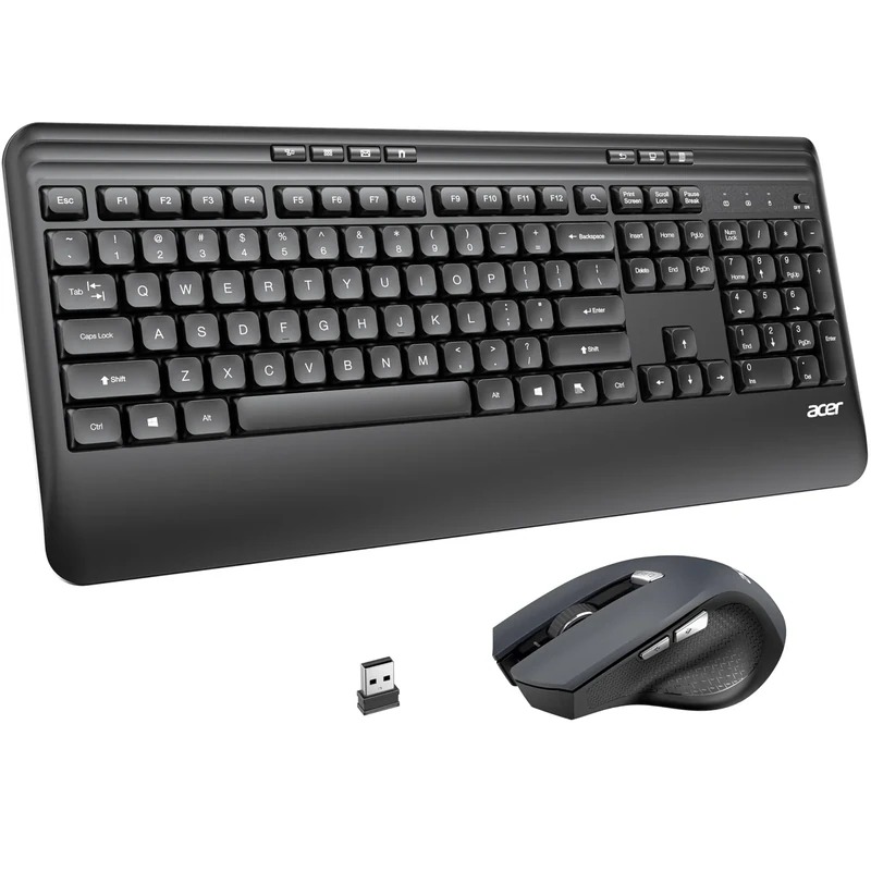 acer Wireless Keyboard and Mouse Combo, 2.4GHz USB Receiver, Ergonomic Keyboard Mouse Set, Wrist Rest, 7 Multimedia Hotkeys, Lag-Free Silent for PC, Laptop, Computer, Windows, QWERTY Layout - Black
