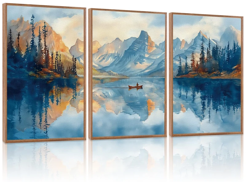 KAIRNE Framed Large Landscape Wall Art,Abstract Forest Prints Paintings,Watercolor Blue Mountain Lake Canvas,Nature Scenery Textured Artwork for Living Room Bedroom Home Office Gallery Decor,16”X24”