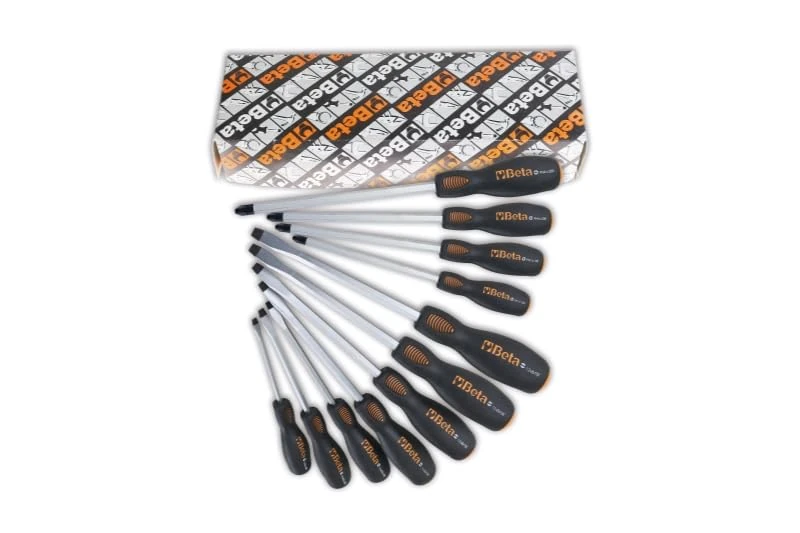 Beta 1243/S11 – Set of 11 Flat and Phillips Screwdrivers, Steel Head, Evox Bi-Material Handle – Robust Tools for Workshop and Heavy Duty
