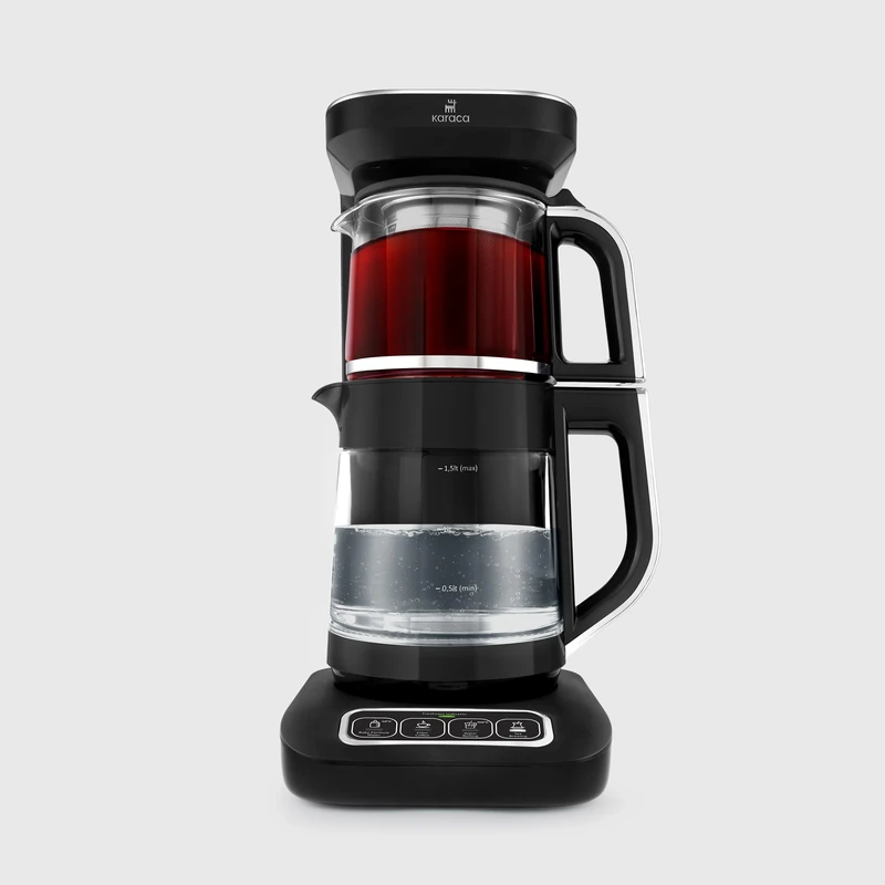 Karaca Çaysever Robotea Pro 4 in 1 Talking Automatic Glass Tea Maker, Water Heater, and Filter Coffee Brewing Machine, 2500W, Black Chrome