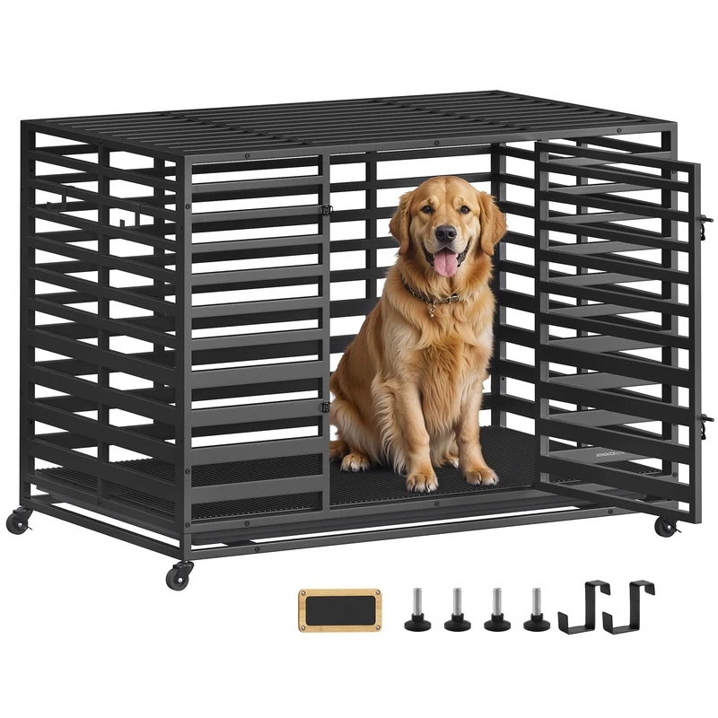 SONGMICS HOME Heavy-Duty Dog Crate Cage for Large Dogs, XXL, Expandable, with Removable Tray, Door, Lockable Wheels, 122 x 75 x 88 cm, Ink Black PPD025B01