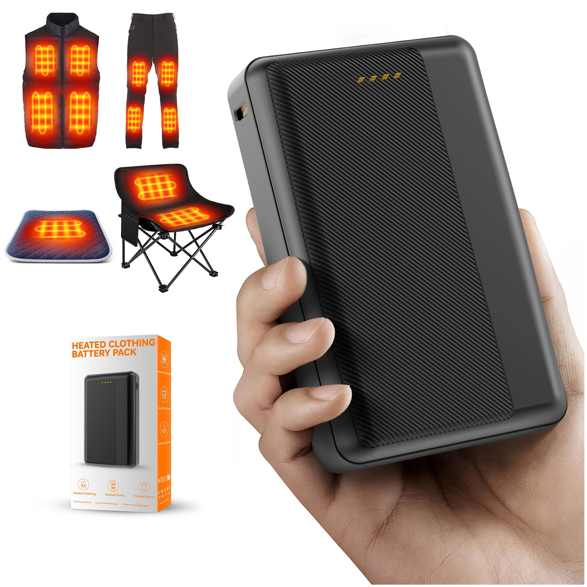 Upgraded Power Bank for Heated Gilet – 5V 2.4A 20000mAh USB Output Rechargeable Battery Pack for Heated Jackets, Vests, Coats, Trousers & Underwear with Charging Accessories