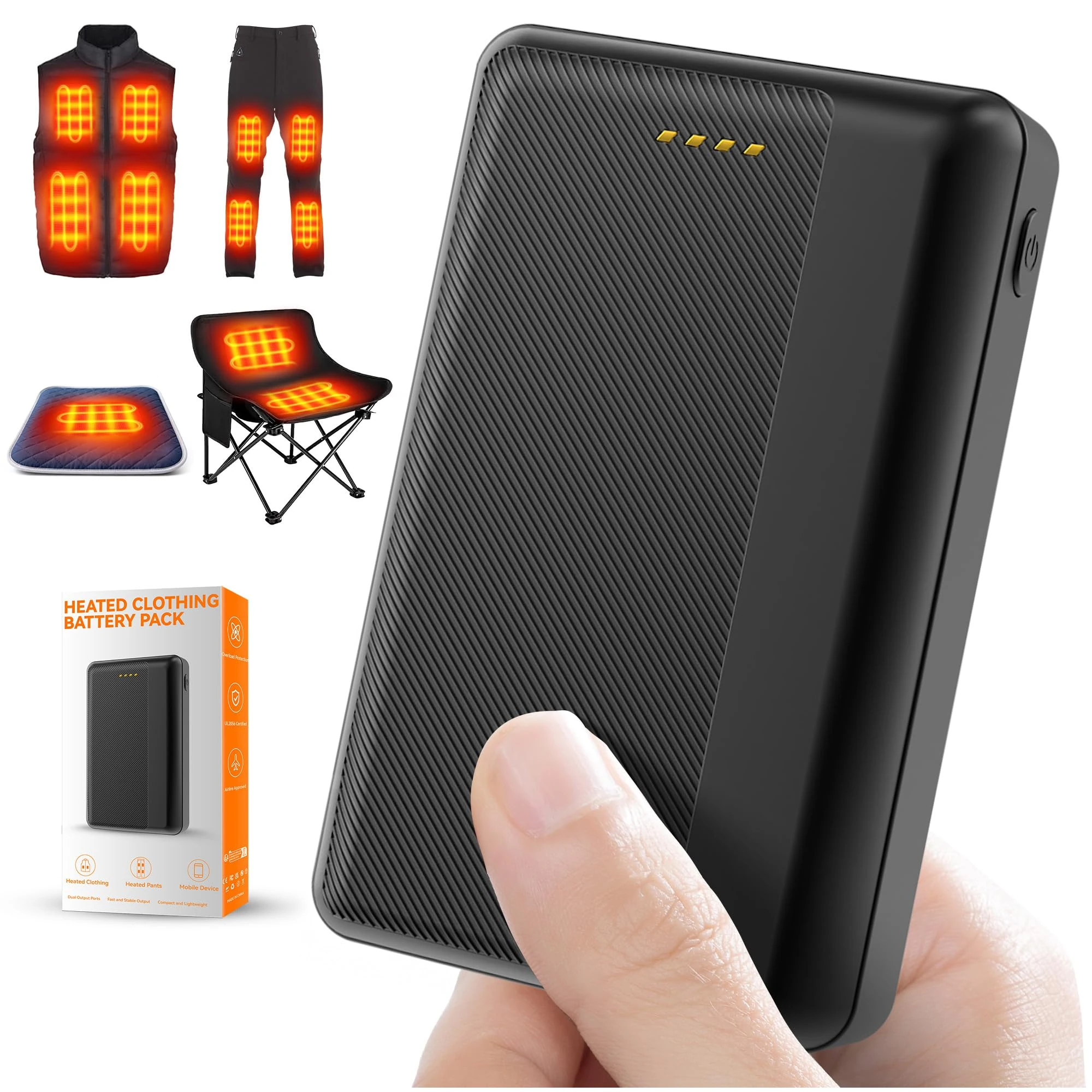 Upgraded Power Bank for Heated Gilet – 5V 2.4A 10000mAh USB Output Rechargeable Battery Pack for Heated Jackets, Vests, Coats, Trousers & Underwear with Charging Accessories