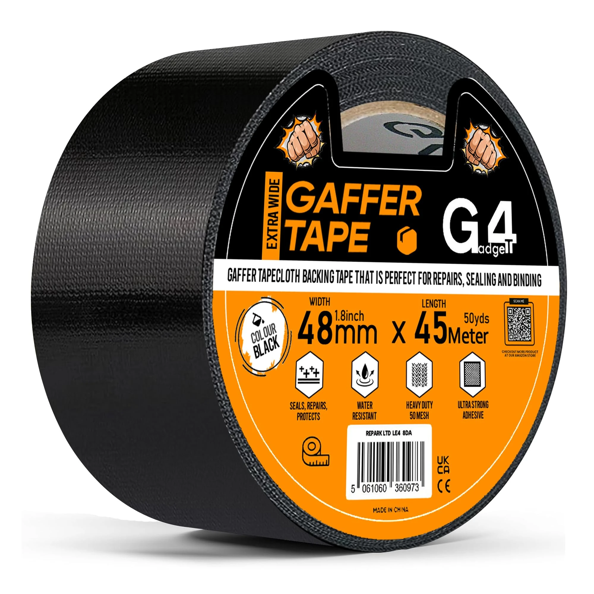 G4GADGET Gaffer Tape Black - 48mm x 45m (1 Roll) - Heavy Duty Duct Tape, Waterproof Adhesive Cloth Tape, Tear-Resistant and Multi-Purpose for Indoor Outdoor Use