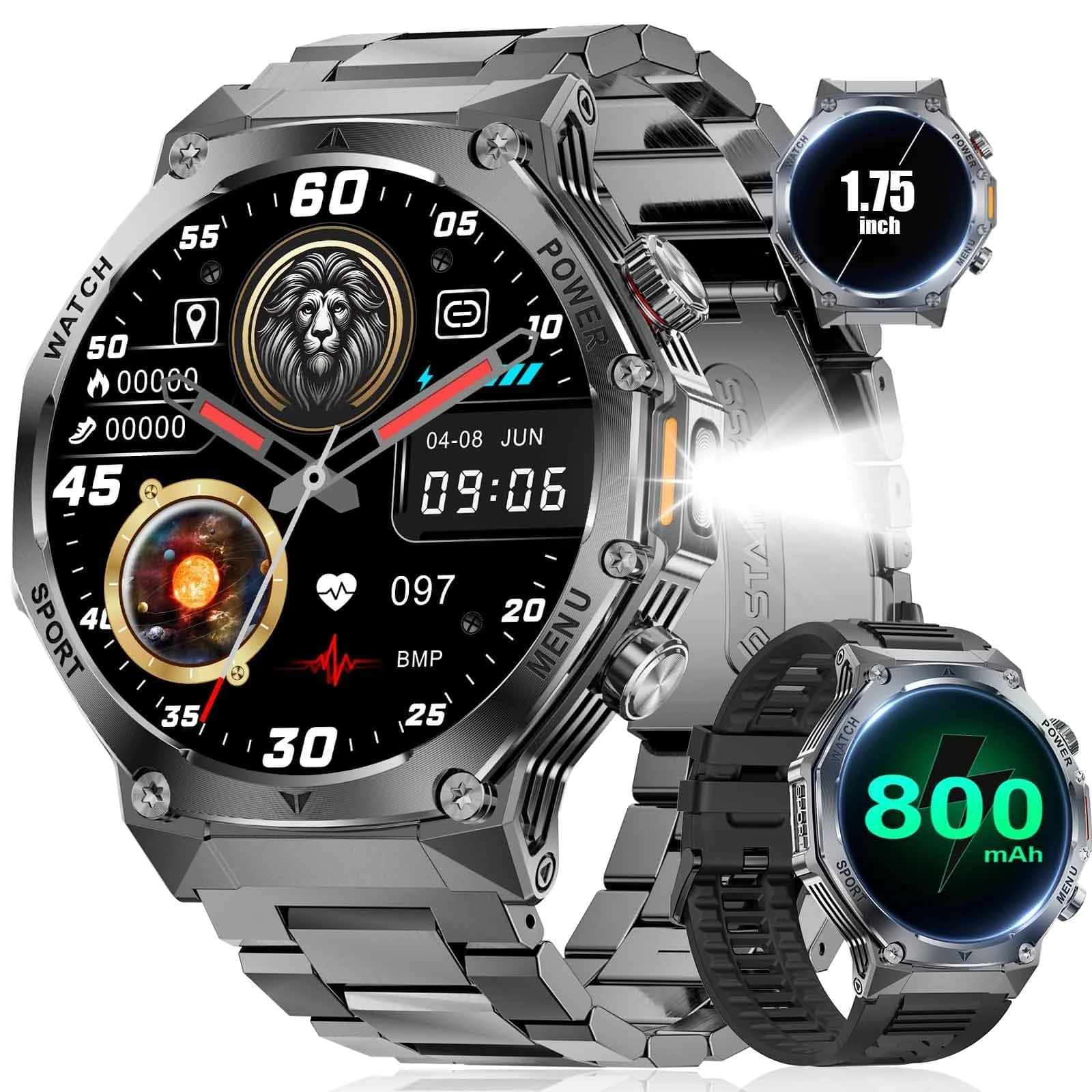 LIGE Smart Watch for Men with Flashlight,1.75" BIG Screen Smart Watch with 800mAh,100+ Sports Modes for Android iOS,Fitness Tracker with Heart Rate Tracker Black