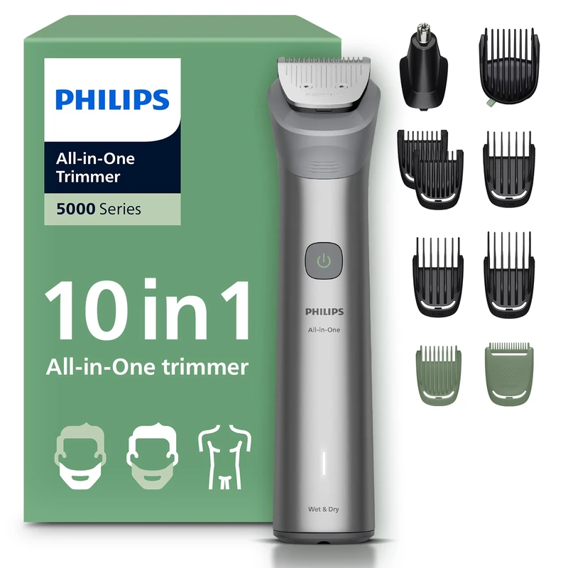 Philips Multigroom 5000 Series All-in-One 10-Piece Trimmer - Shaver and Clipper for Face, Head & Body, Self-Sharpening Full Metal Blades, 11 Length Settings (0.5-16 mm), Model MG5918/15