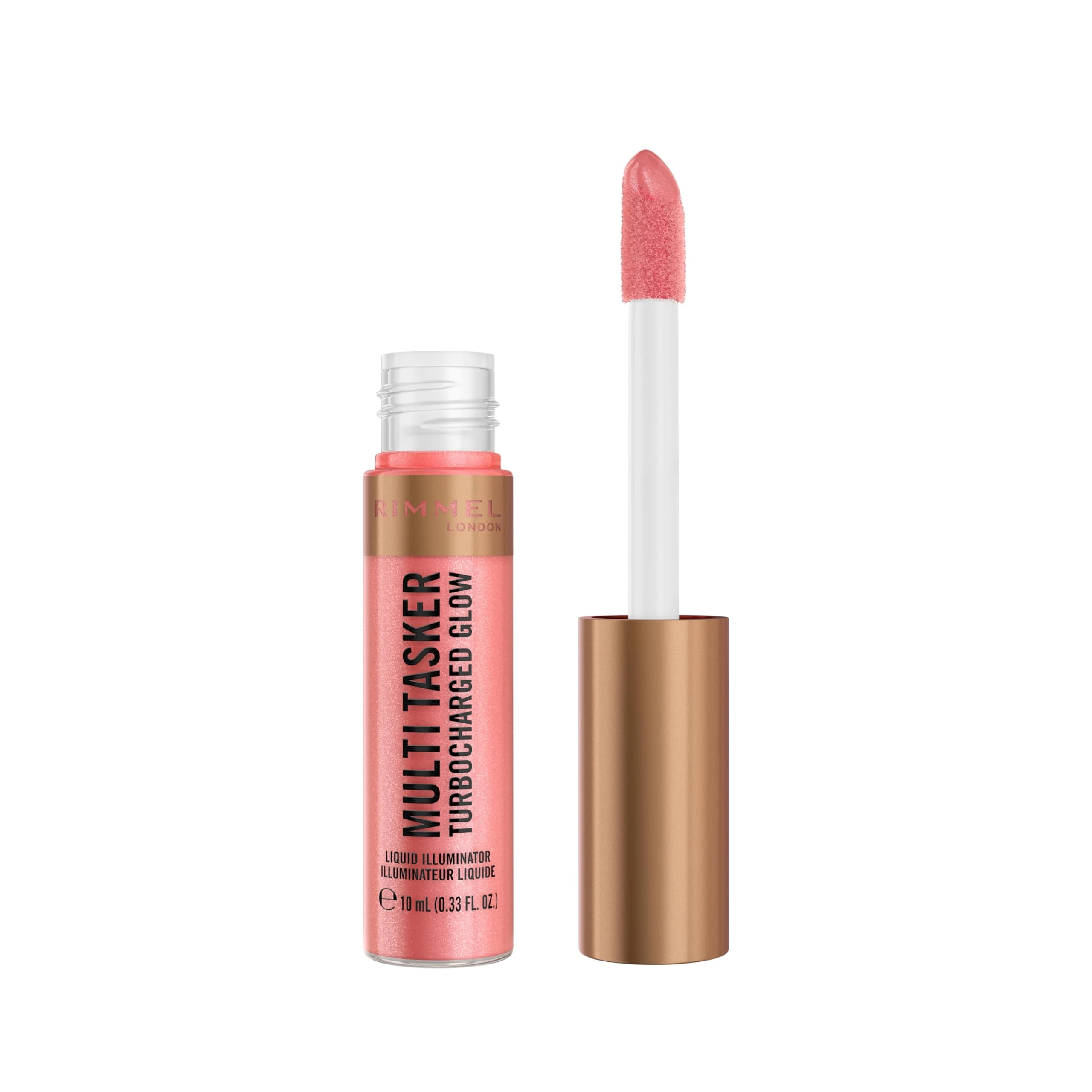 Rimmel Multi Tasker Turbocharged Glow, 002 Rosy Rebel, Liquid Face Illuminator, Light-Reflecting Pearls, Luminous, Healthy Glow, Vitamin C & E, Vegan Formula, 10ml
