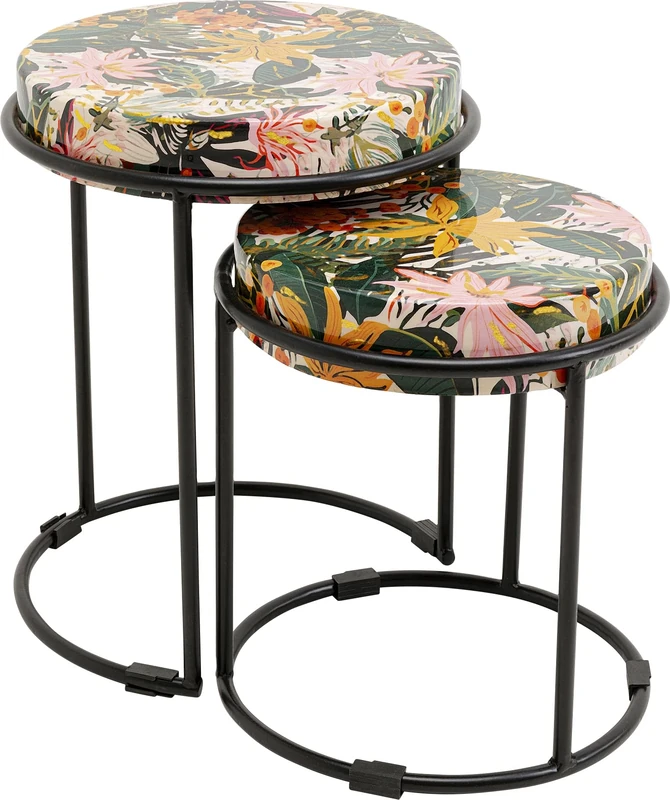 Kare Jungle Design Side Table, Set of 2, Multi-Colour, 35 cm Diameter, Coffee Table, Bedside Table, Jungle Motif, Steel Frame, Living Room, Round