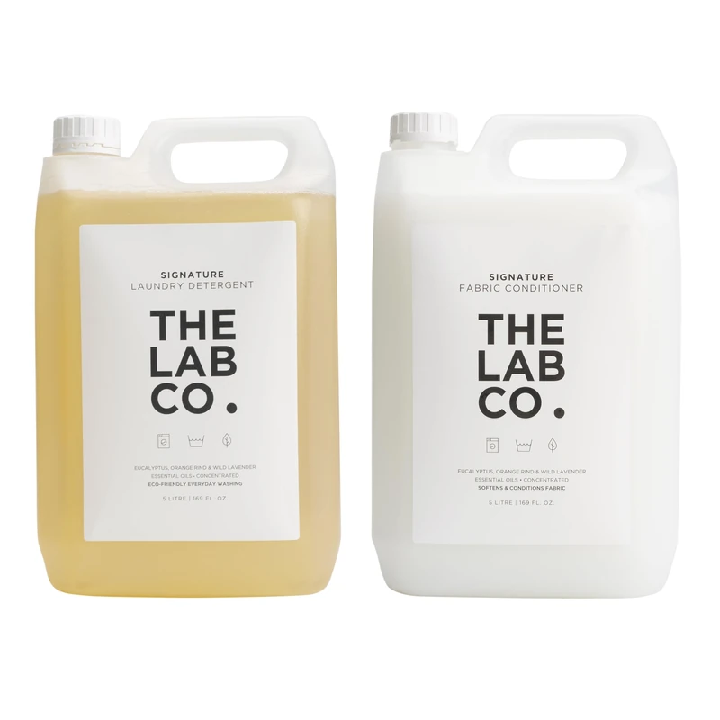 The Lab Co. Signature Laundry Detergent & Fabric Conditioner 5 Litre Duo. For machine and hand washing. Lavender and orange rind. Non-Bio and Non-Toxic. For up to 320 washes