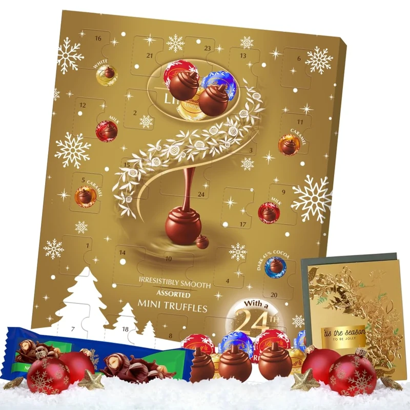 Linddt Advent - Christmas Advent Calendar 2025 - New Linddt assorted mini truffles advent 117g, Dark chocolate bar & Christmas card - Chrismas countdown Gifts for her him women