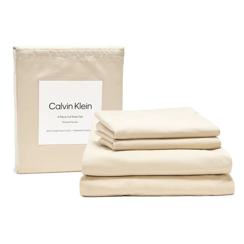 Calvin Klein - Full Bed Sheets, Relaxed Garment Washed Cotton Percale Bedding Set with Matching Pillowcases, Deep Pockets, Oeko-Tex Certified (Washed Percale Green)