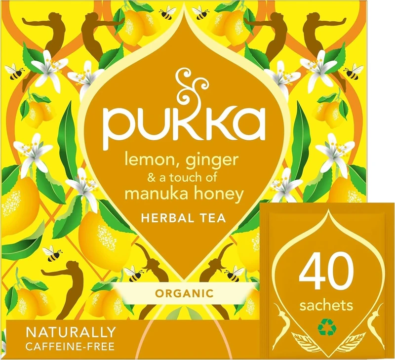 Pukka Herbs Organic Lemon, Ginger and Manuka Honey Herbal Tea Box - 40 Plant Based Biodegradable Tea Bags - Immune Boosting Infusion With Turmeric - For Daily Support - Caffeine Free
