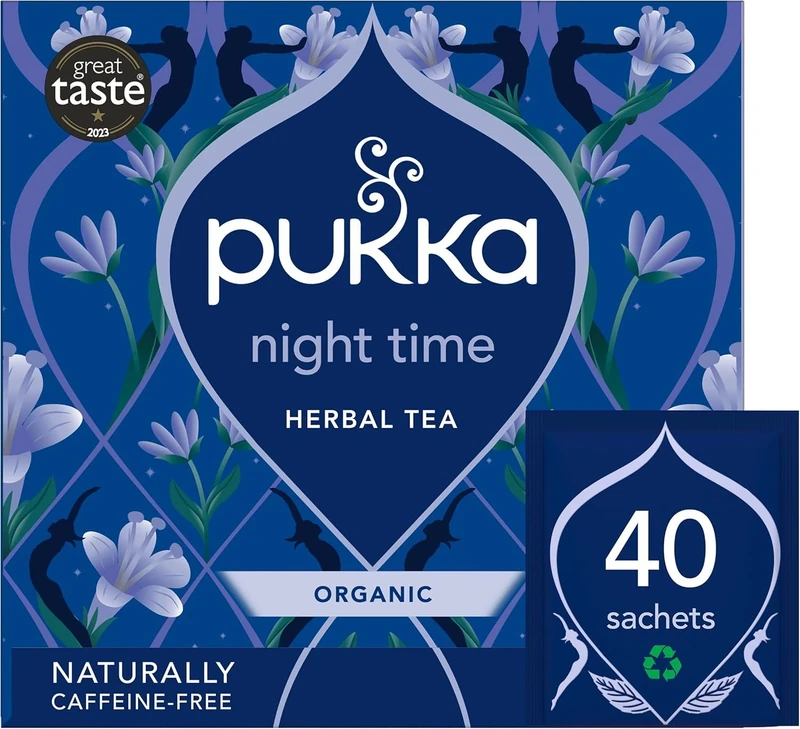Pukka Herbs Night Time Organic Herbal Tea - 40 Plant Based Biodegradable Tea Bags - Sleep Tea Box, Chamomile, Lavender, Oat Flower, and Limeflower - Natural For Bedtime Relaxation, Caffeine Free