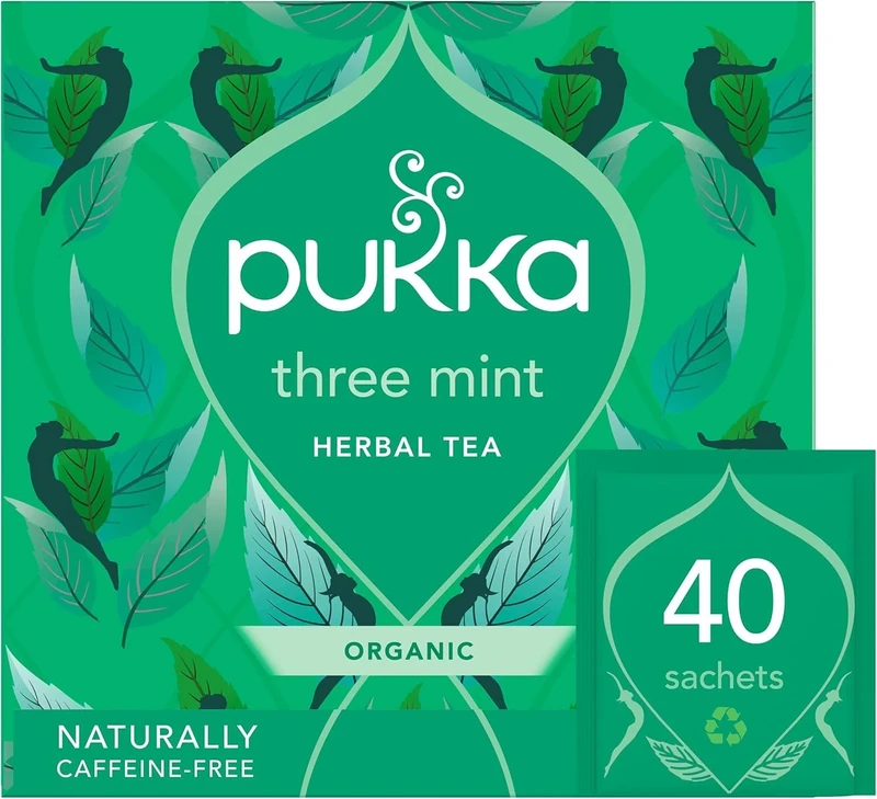 Pukka Herbs Three Mint Organic Herbal Tea Box - 40 Plant Based Biodegradable drink - Tea Infusion With Spearmint, Peppermint, Fieldmint - For Digestion - Sleep - Caffeine Free