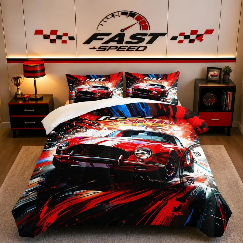 XYNHML Red Racing Car Themed Comforter 3Pcs Full Cool Speed Sports Car Fast and Furious Bedding Set for Kid Teen Girl Boy Adult Extreme Sport Game Quilt Bed Decor with 1 Comforter and 2 Pillowcases