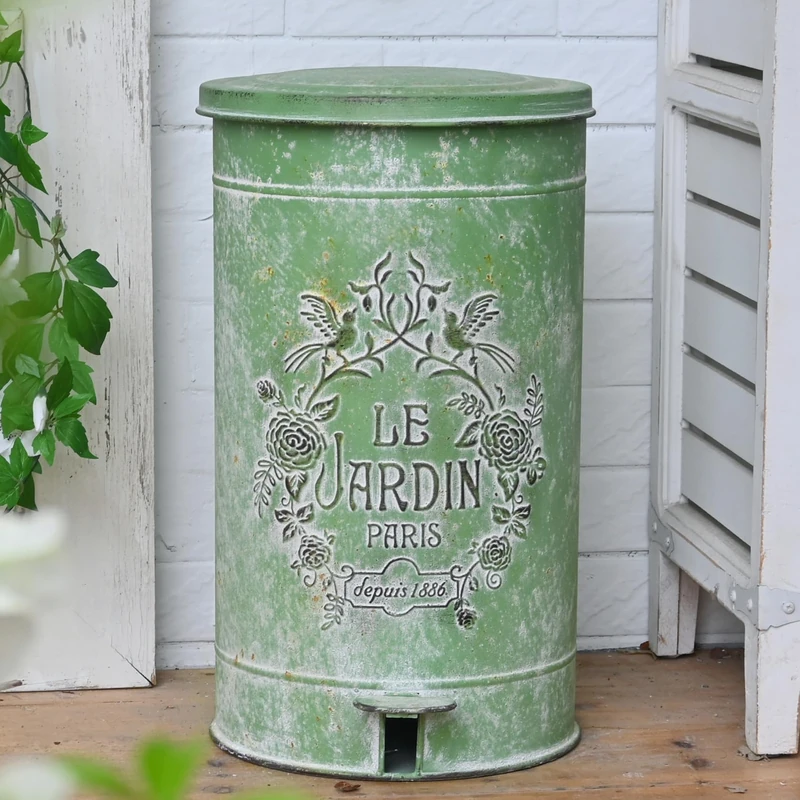 Z&Z ornamentorum Retro Kitchen Trash Can with Lid 15 Liter/4 Gallon and Pedal Round Touchless Garbage Cans with Flower and Bird Patterns Outdoor Trash Can for Kitchen Park Garden (LightGreen)