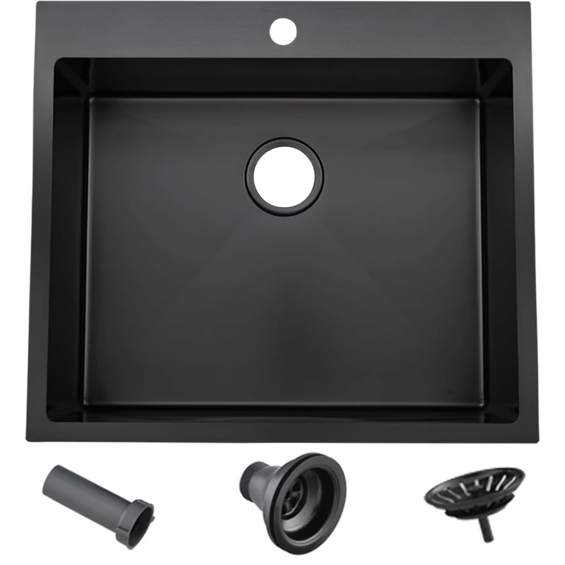 25x22 Inch Black Drop in Kitchen Sink, Top Mount 16 Gauge Stainless Steel Single Bowl Deep Small Kitchen Sink, 25 Inch Gunmetal Black RV Laundry Utility Sinks