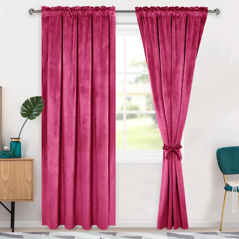 Hiasan Velvet Curtains 90 inch Blackout Rod Pocket Thermal Insulated Soft Curtains Room Darkening Window Drapes with Tiebacks for Bedroom Living Room, Set of 2 Panels, 52W x 90L, Berry