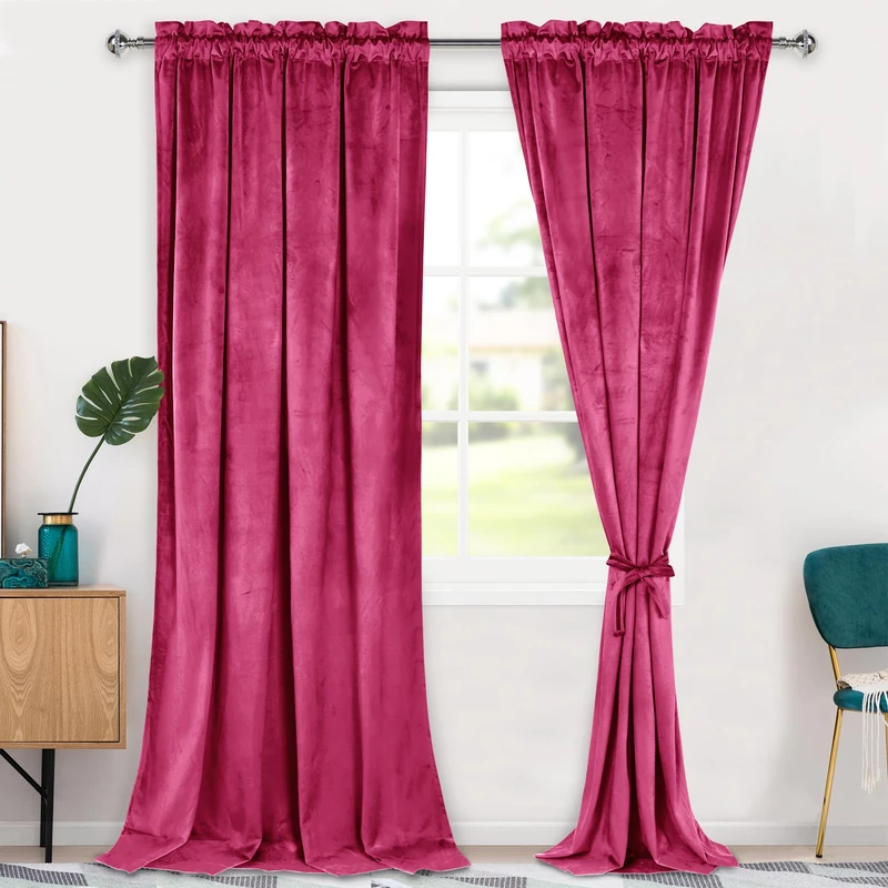 Hiasan Velvet Curtains 96 inch Blackout Rod Pocket Thermal Insulated Soft Curtains Room Darkening Window Drapes with Tiebacks for Bedroom Living Room, Set of 2 Panels, 52W x 96L, Berry