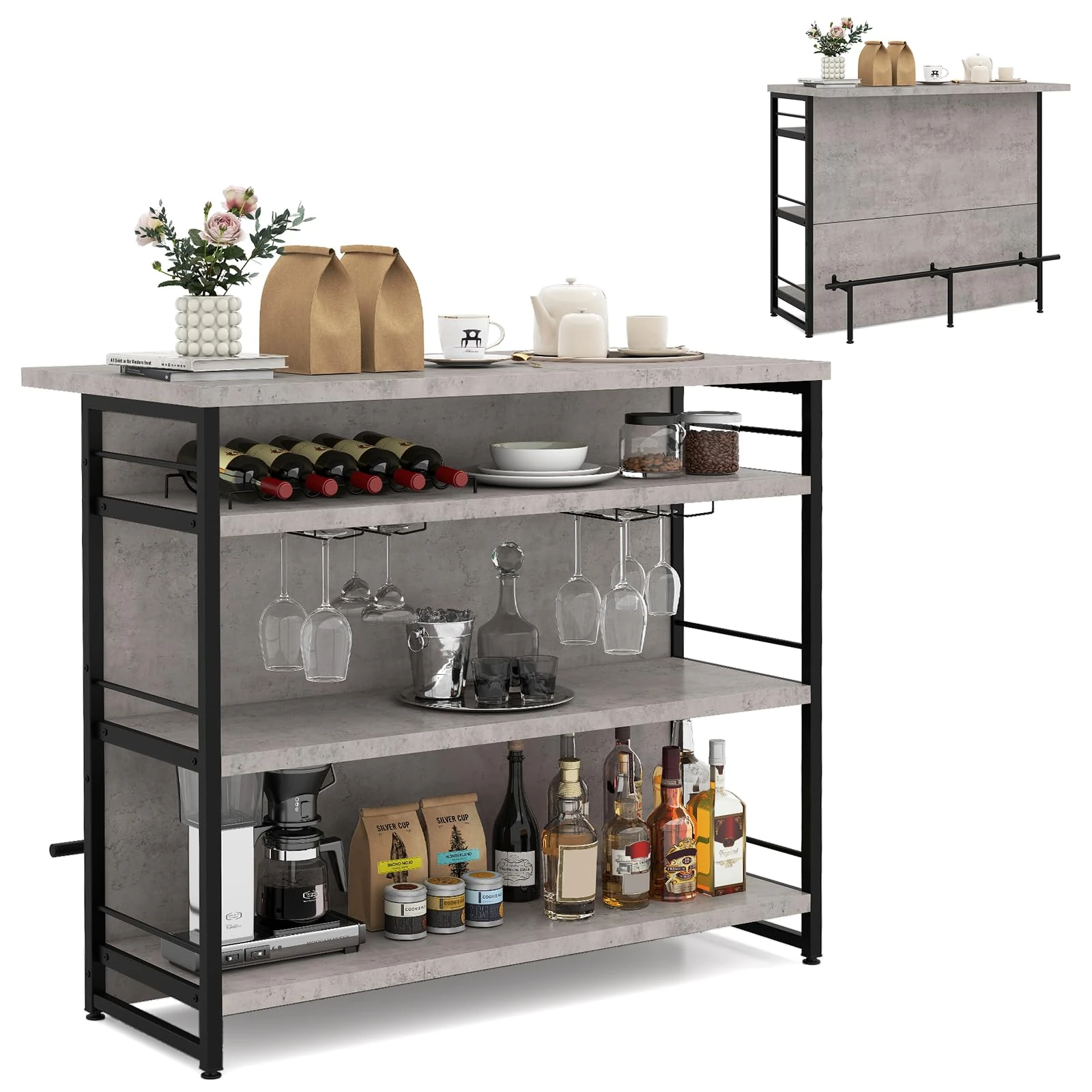 COSTWAY 2-in-1 Industrial Kitchen Island, 4-Tier Bar Table Sideboard with 3 Open Shelves, Wine Rack, Stemware Holders & Footrest, Wine Cabinet Storage Organizer for Home Pub (Grey)