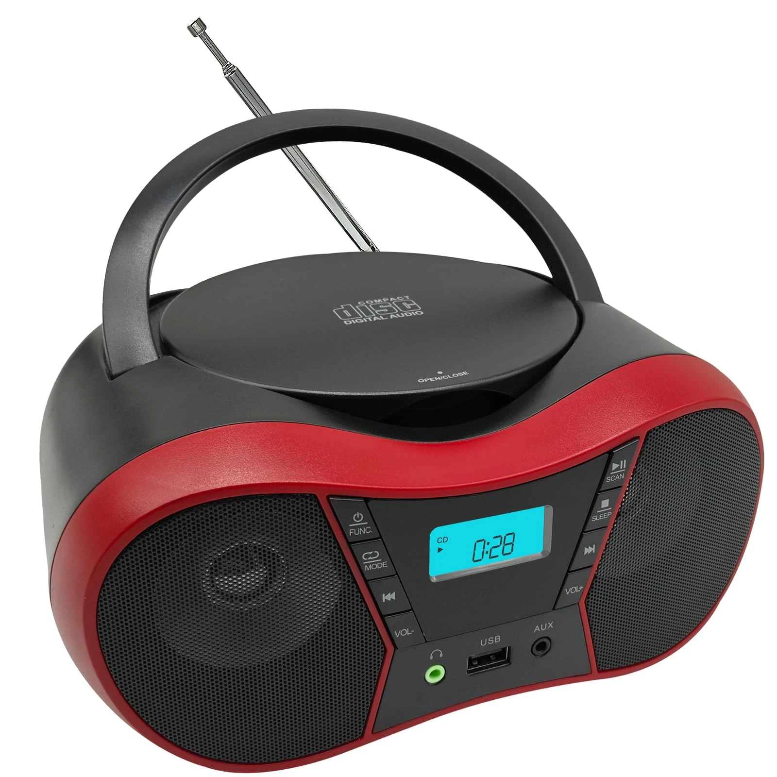 Boombox Portable CD Players for Home with Bluetooth, Boombox CD Player FM Radio Combo, Stereo Sound, AC/Battery Powered, CD/CD-R/RW Compatible, Support AUX/USB/Headphone, Sleep Timer, Repeatable(RED)