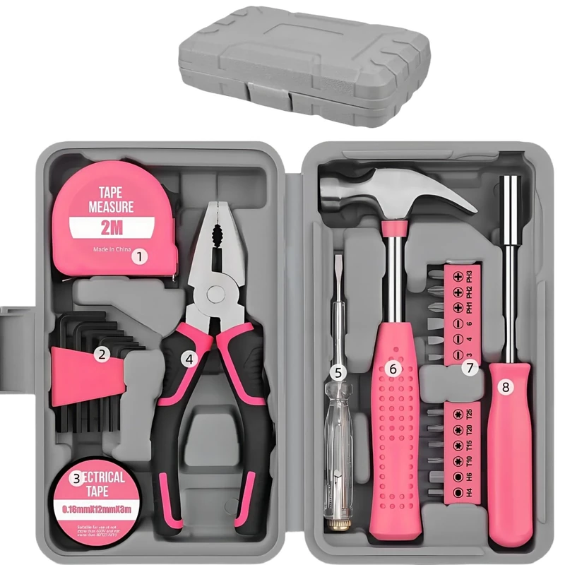 24pc Pink Home DIY Tool Kit Set - Essential Household Hand Tools in Portable Storage Box for Home, Office & Garage Repairs - Starter Basic Tool Kit for Men & Women