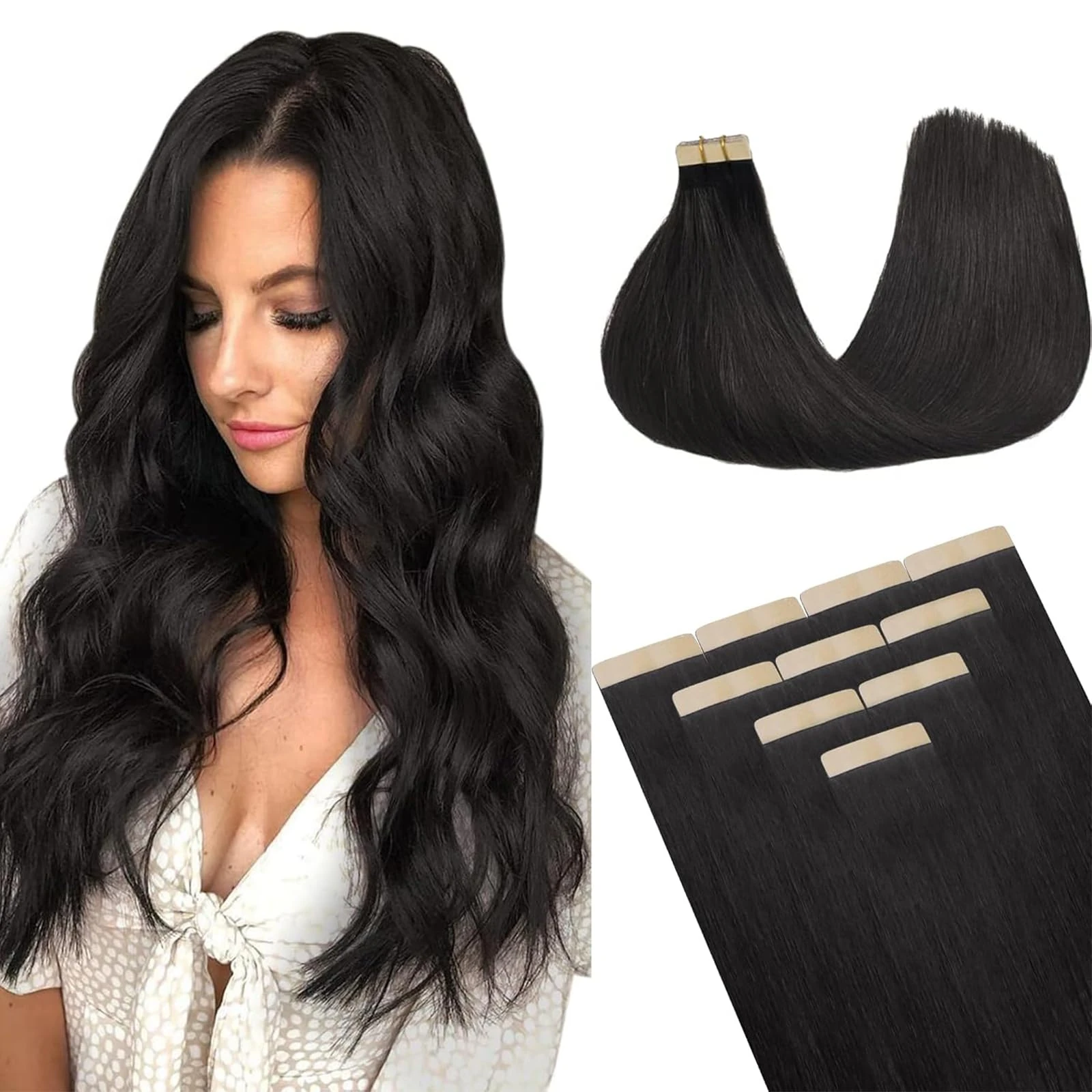 DOORES Tape Hair Natural Human Hair Extensions, Black, 45 cm (18 Inches), 25 g, 10 Pieces, Straight