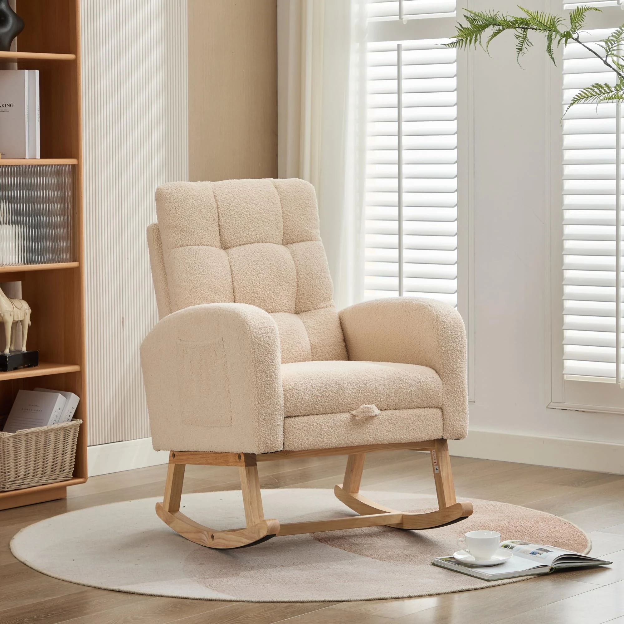 Merax Rocking Chair for Adults, Armchair with Adjustable Footrest, Teddy Fabric Relaxing Chair with Solid Wooden Legs, Side Pockets and High Backrest, for Living Room (Beige,Teddy)