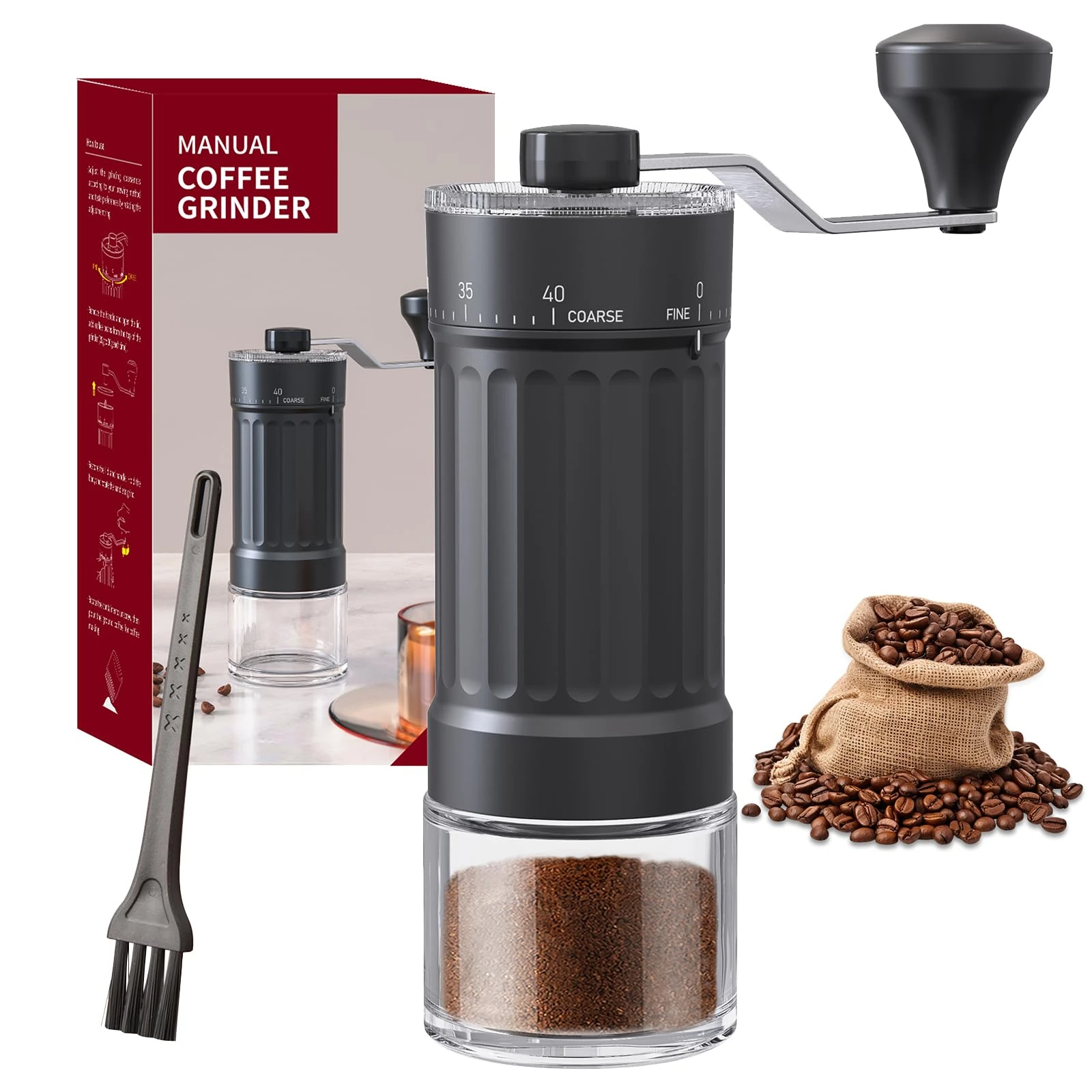 Manual Coffee Grinder 30g Capacity, Coffee Bean Hand Grinder with 40 Adjustable Settings for French Press, Drip, Espresso, Moka pots