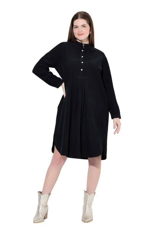 Ulla Popken Womenswear Plus Size Curvy Pleated Long Sleeve Corduroy Dress Black 24 832921100-50