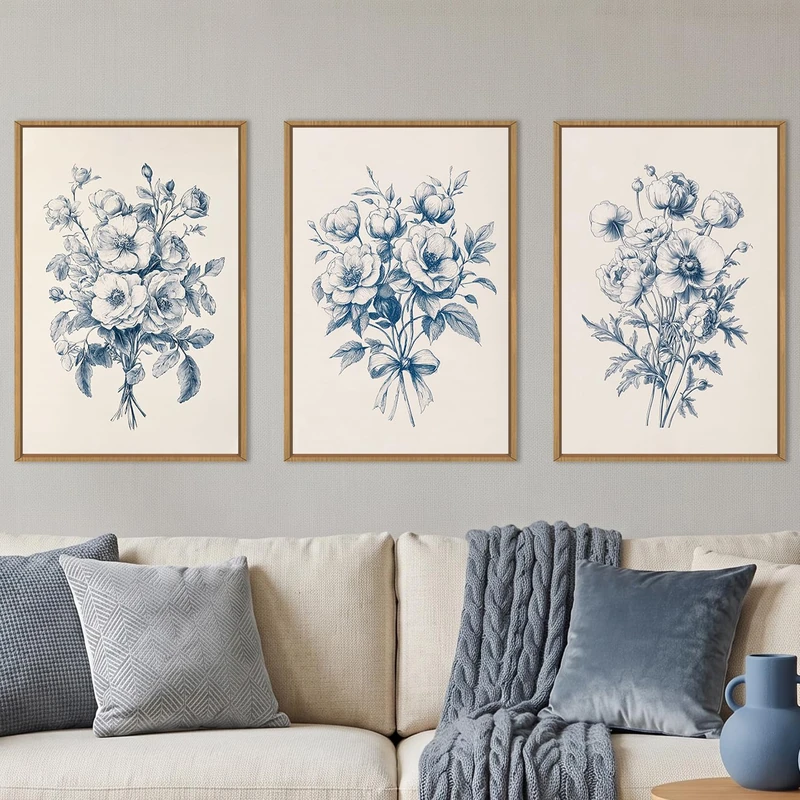 KAIRNE Navy Blue Floral Framed Canvas Wall Art Set,Vintage Botanical Flower Wall Decor,Modern Minimalist Bouquet Art Prints,Neutral Rose Artwork for Living Room,Bedroom,Farmhouse,Office-24 x36 x3