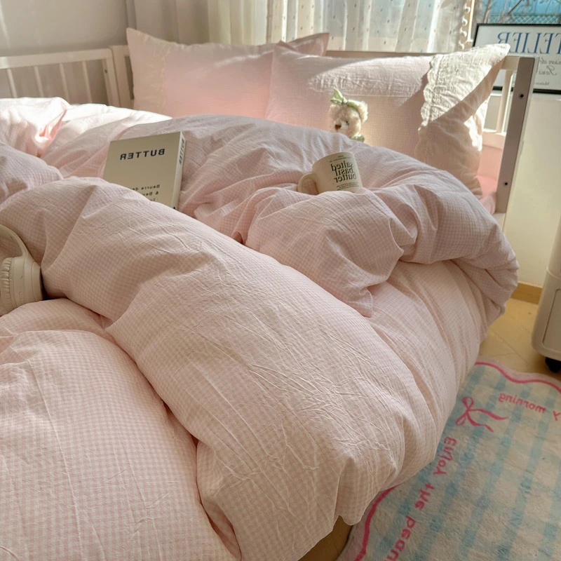 VM VOUGEMARKET Pink Grid Duvet Cover Set Queen 3 Pieces Lace Bedding Set Simple Cozy Plaid Checkered Comforter Cover with Zipper Ties for Teen Girls
