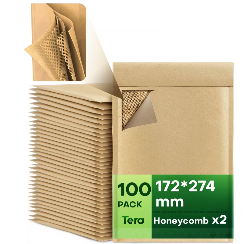 Tera Honeycomb Padded Paper Envelopes: A5 100pcs 172 x 274 mm Eco Friendly 4-Layer Self-Seal Biodegradable Compostable Recyclable Kraft Paper Great for Jewellry Makeup Small Business Shipping Bags
