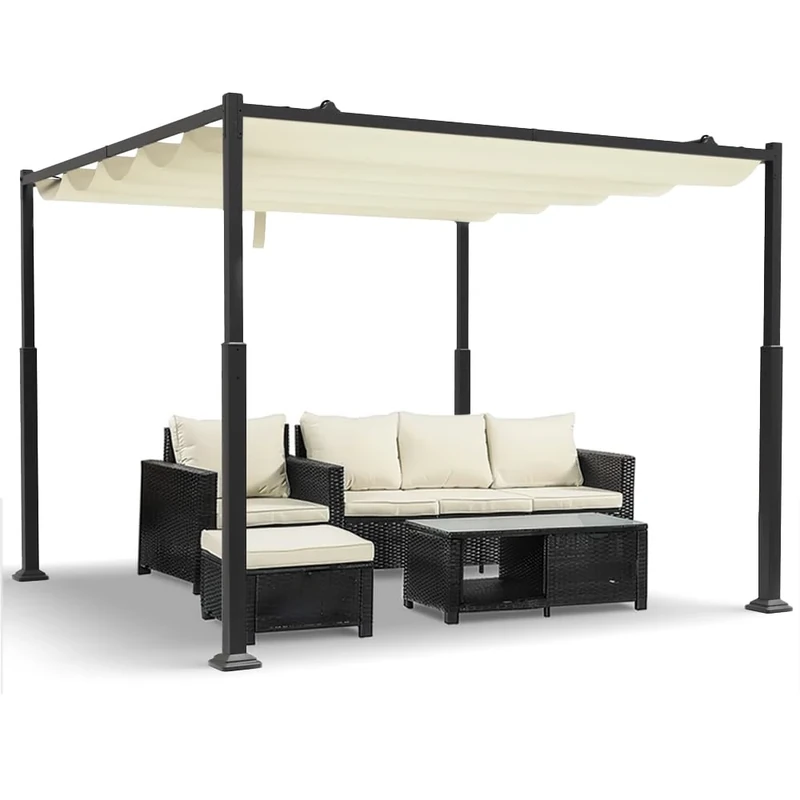 VOUNOT® 3x3m Metal Pergola with Retractable Roof, Gazebo with Sun Shade Canopy for Garden Patio Outdoor, Dark Beige