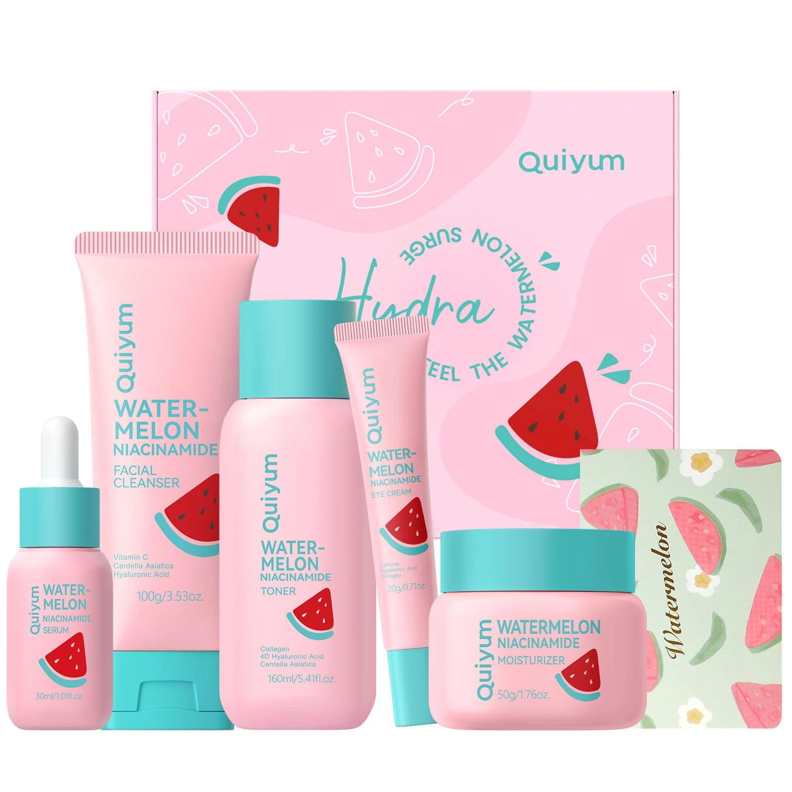 Quiyum Watermelon Skincare Set, 5PCS Hydrating Daily Face Care Kit with Niacinamide, Hyaluronic Acid & Collagen for Radiant & Smooth, Christmas Birthday Pamper Gifts for Women Teenage Girls