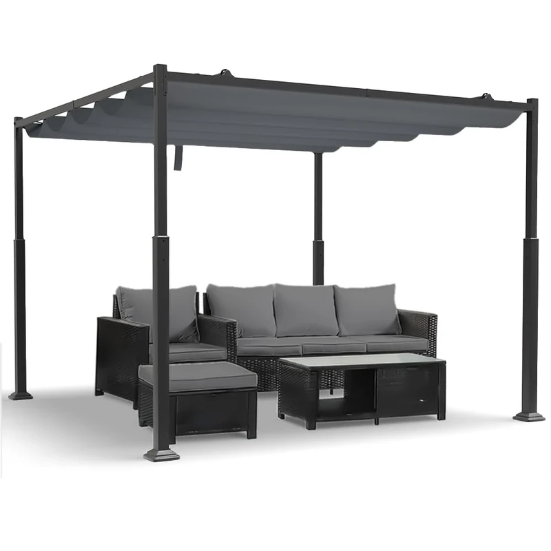 VOUNOT 3x3m Metal Pergola with Retractable Canopy – Garden Gazebo with Sun Shade for Patio & Outdoor Use, Dary Grey
