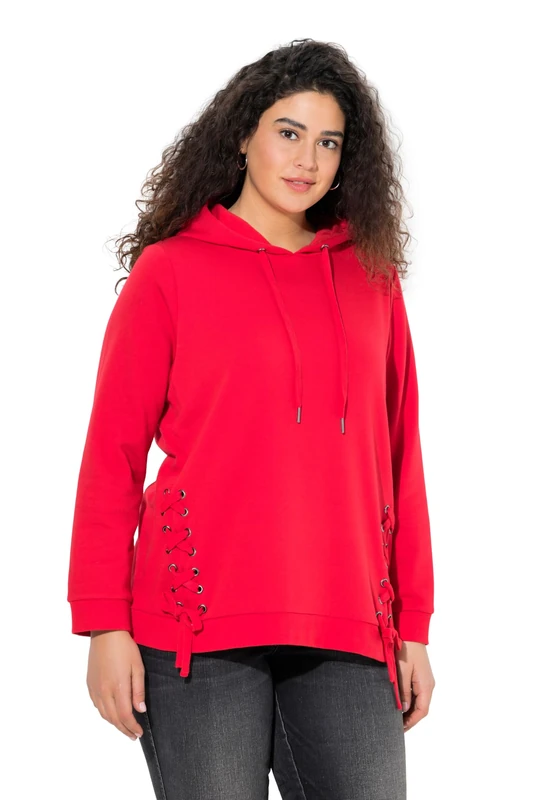 Ulla Popken Womenswear Plus Size Curvy Decorative Lace-Up Hoodie Lychee 46+ 842243530-46+